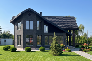 Фасад будинку з облицювальної цегли Brickland Graphite + Bedrock  фото